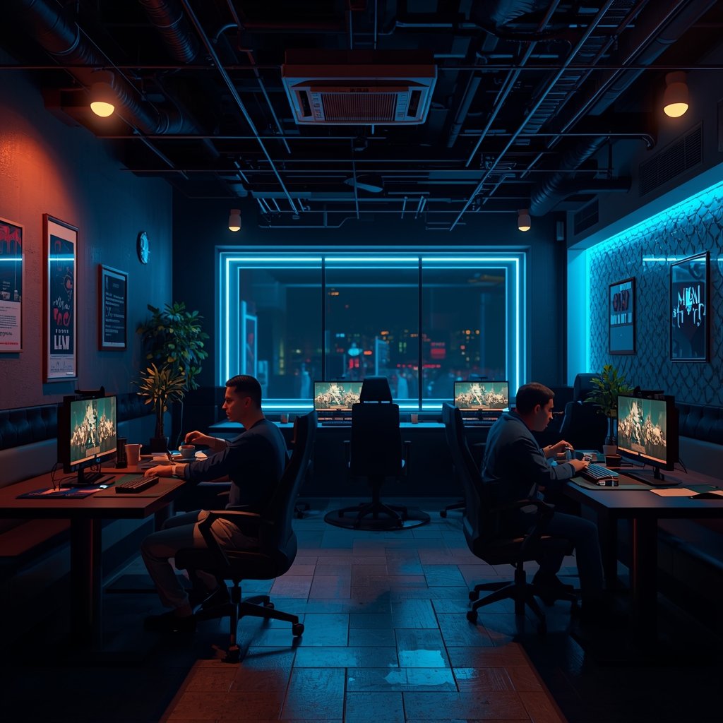 Neon gaming lounge with premium seating