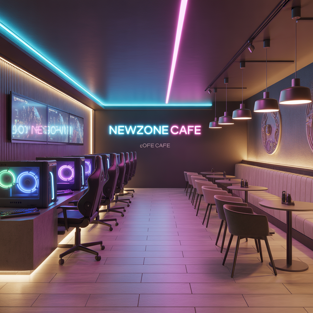 Neon cafe lounge seating with ambient lighting